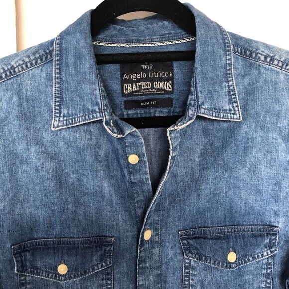 ANGELO LITRICO Mens Blue Denim Shirt Slim Fit Button Down 100% cotton US S 37-38 - Picture 3 of 16